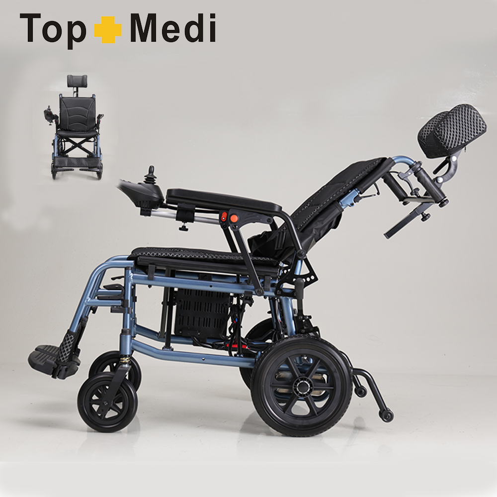 Reclining foldable electric wheelchair with headrest